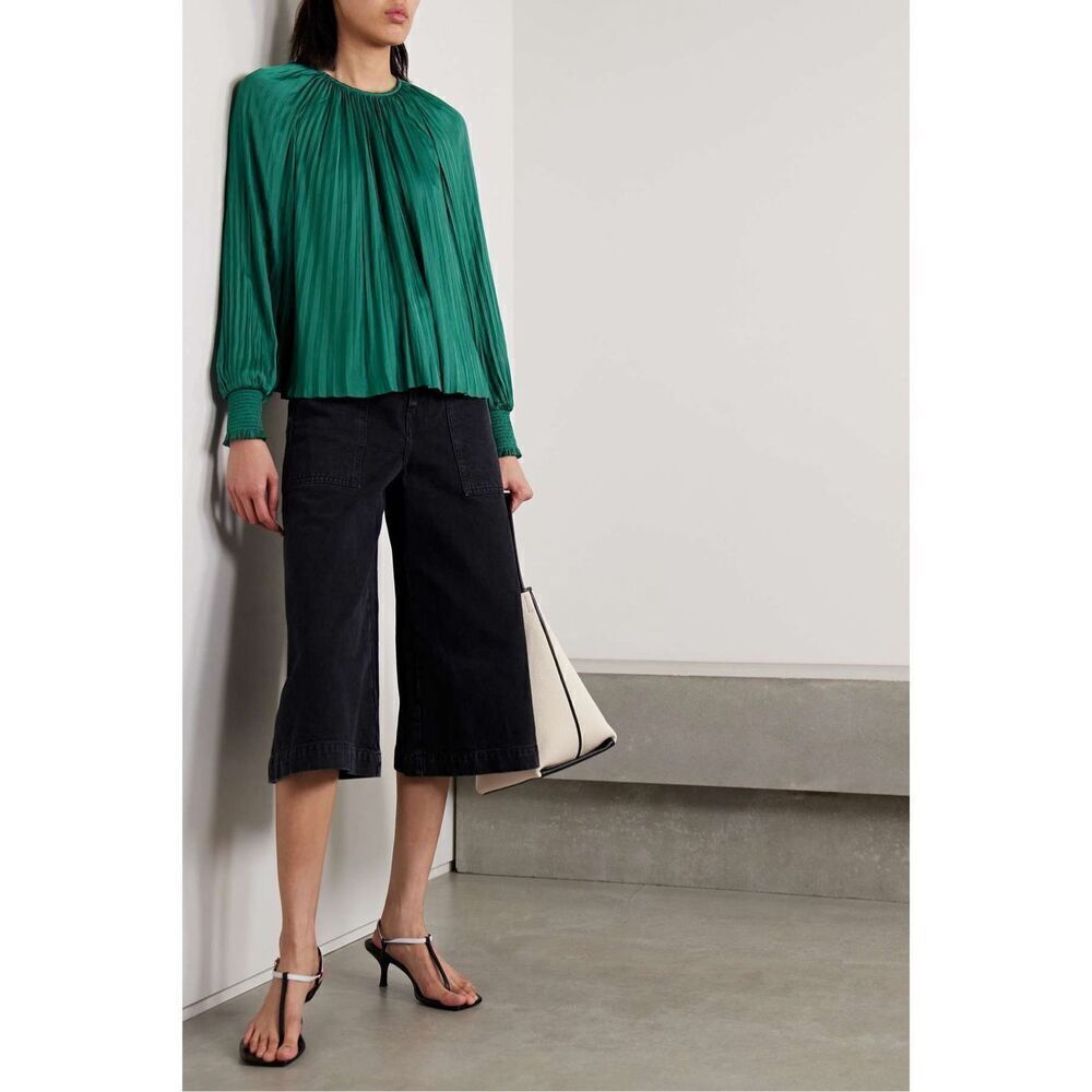 Ulla Johnson Womens Dark Green Satin Long Sleeve Aidy Pleated Blouse Size 8 NWOT